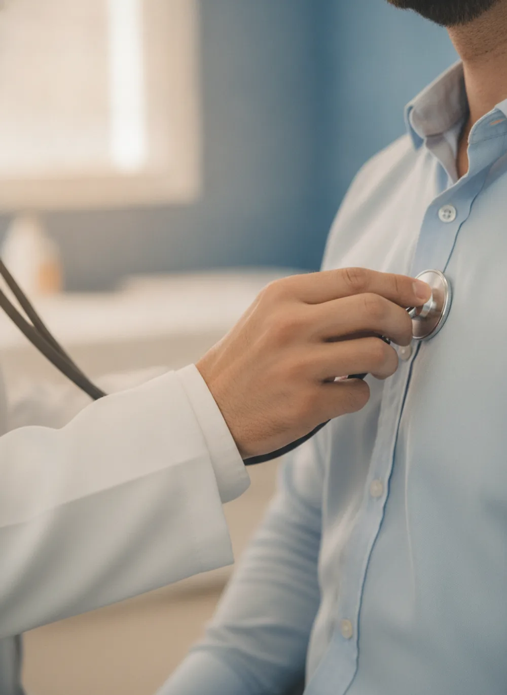 Médico auscultando o coração de paciente com estetoscópio