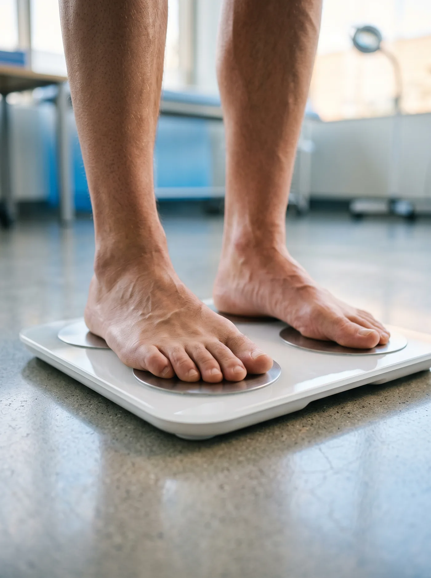 Pés descalços sobre os eletrodos da balança de bioimpedância