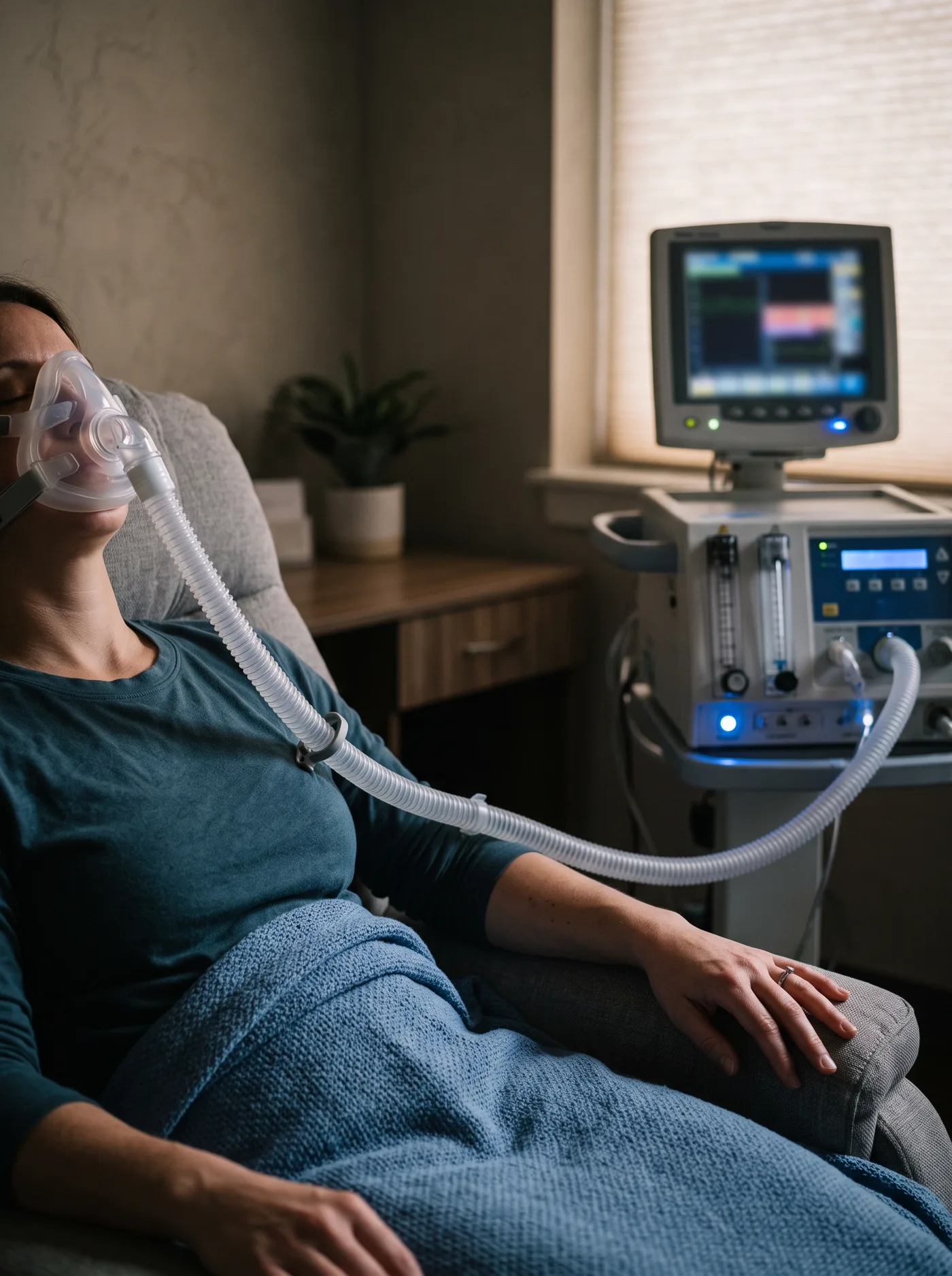 Paciente em repouso durante exame de calorimetria indireta