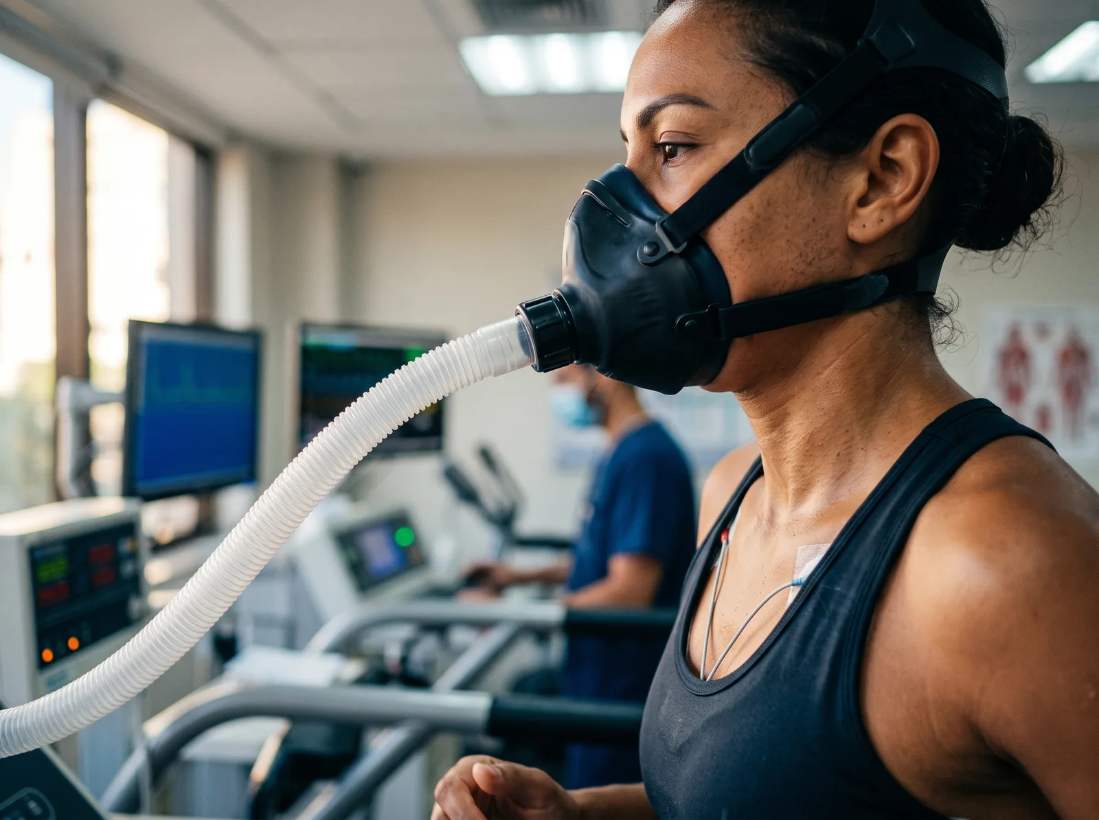 Paciente em teste cardiopulmonar com máscara de captação de gases