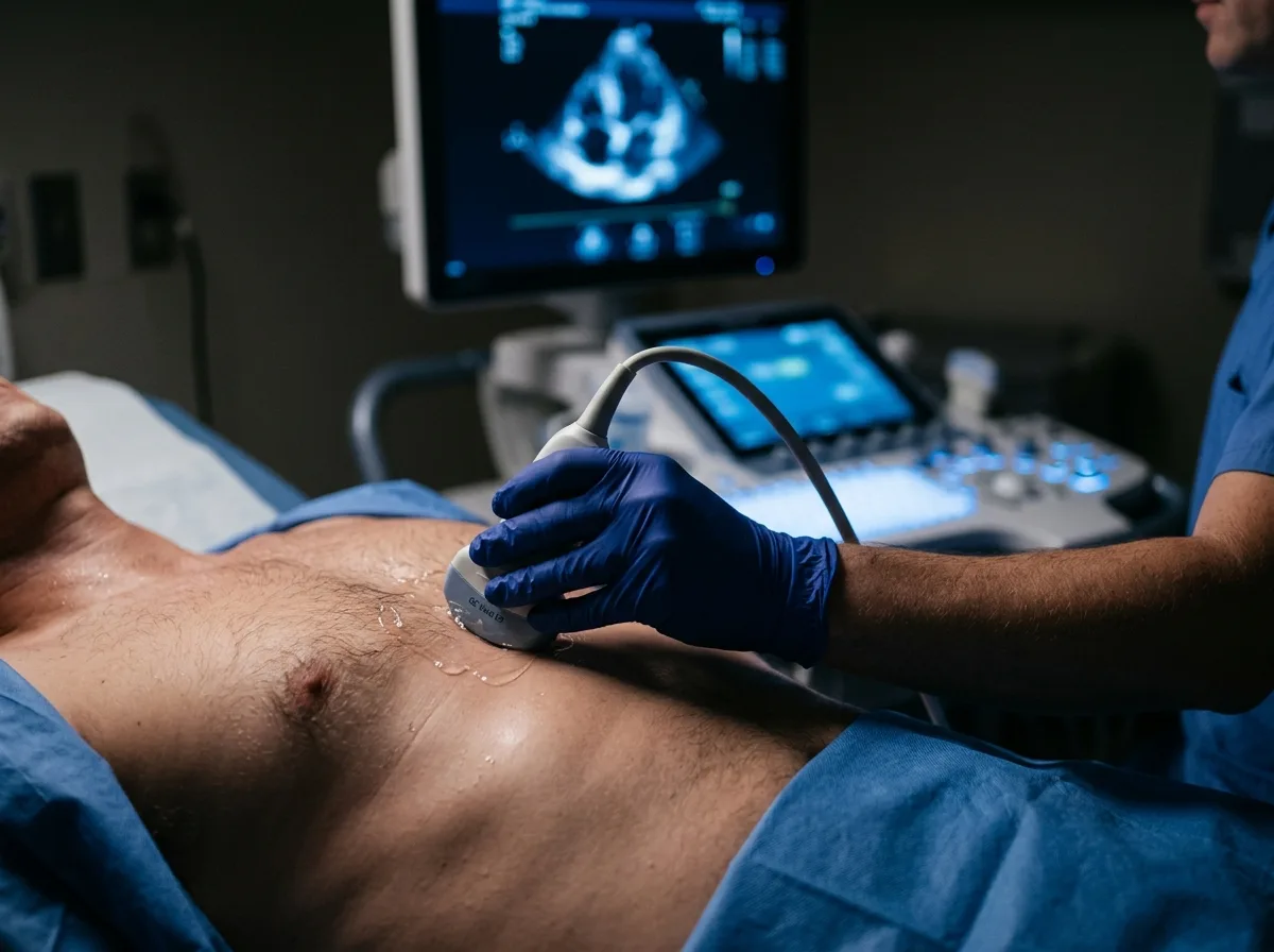 Ecocardiograma sendo realizado com sonda de ultrassom