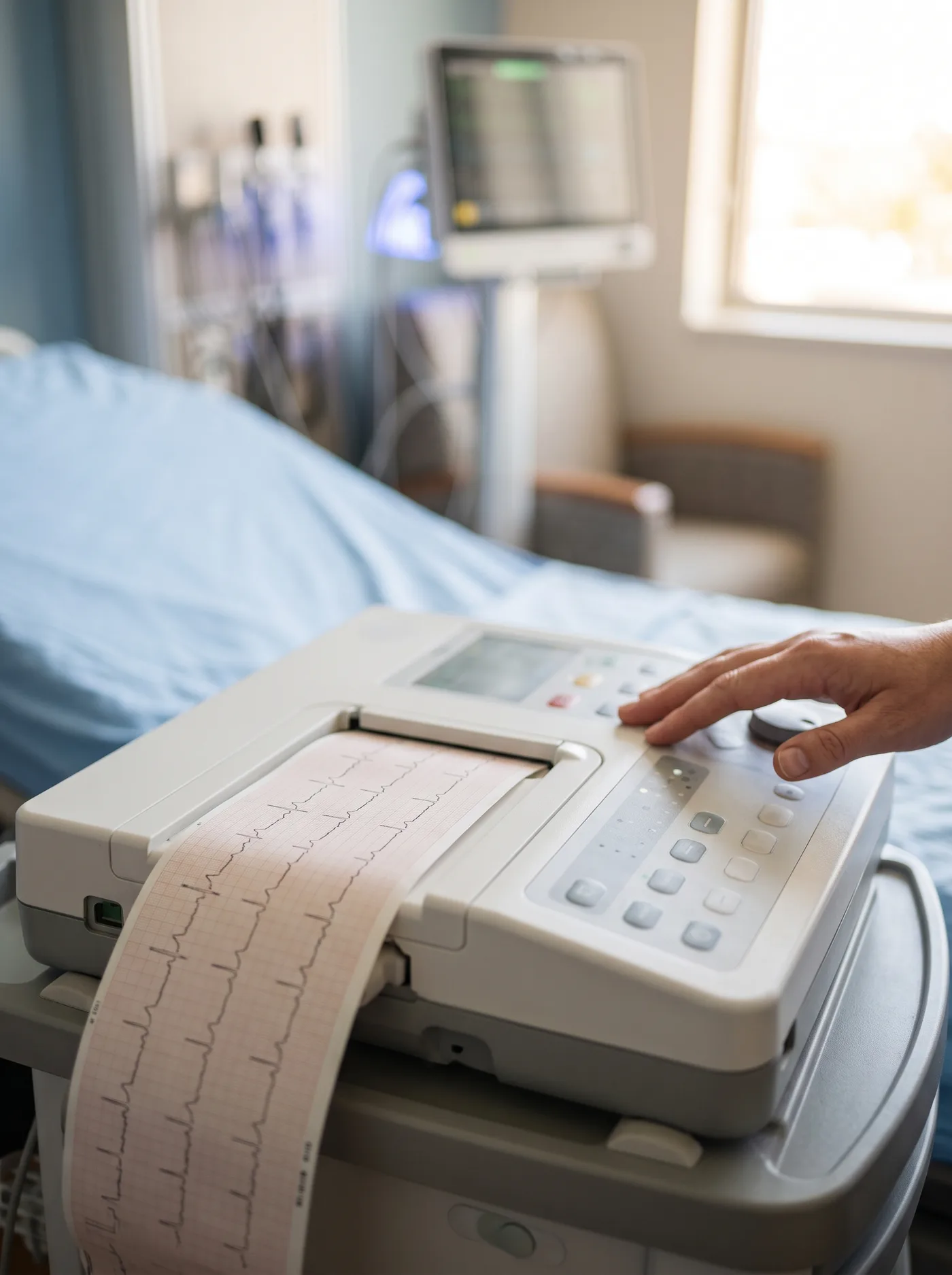 Aparelho de eletrocardiograma registrando o traçado
