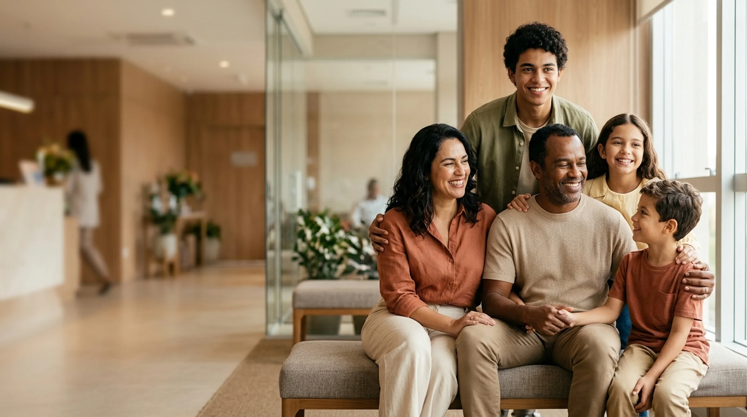 Família de três gerações na recepção da Clínica Renacór